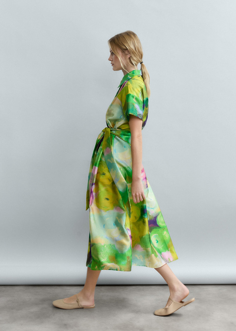 Vestido Camisero Largo Nervaduras Estampado Bloomlight | Psophía SS26